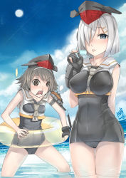 Rule 34 | 2girls, alternate costume, asdj, black eyes, blood, blue sky, breast envy, cloud, cloudy sky, cosplay, covered erect nipples, day, food, framed breasts, grey eyes, grey hair, hair ornament, hair over one eye, hairband, hairpin, hamakaze (kancolle), headgear, highres, holding, horizon, i-13 (kancolle), i-13 (kancolle) (cosplay), i-14 (kancolle), i-14 (kancolle) (cosplay), innertube, kantai collection, looking at viewer, machinery, multiple girls, nosebleed, ocean, partially submerged, popsicle, school swimsuit, school uniform, serafuku, short hair, sky, sun, swim ring, swimsuit, swimsuit under clothes, tanikaze (kancolle), tongue, tongue out