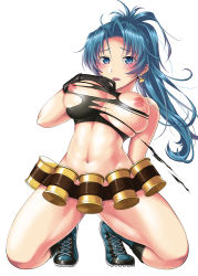 Rule 34 | 1girl, belt, blue eyes, blue hair, blush, boots, breasts, earrings, female focus, full body, gloves, jewelry, large breasts, leona heidern, matching hair/eyes, navel, nipples, ponytail, sakura mafumi, snk, solo, tank top, the king of fighters, torn clothes