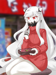 Rule 34 | 10s, 1girl, abyssal ship, alternate costume, bento, chopsticks, colored skin, commentary request, covering own mouth, eating, horns, kantai collection, long hair, midway princess, nakau, pale skin, red eyes, ribbed sweater, sangue llia, sitting, solo, sweater, white hair, white skin