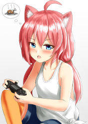 Rule 34 | 1girl, ahoge, animal ear fluff, animal ears, bare arms, bare shoulders, black shorts, blue eyes, blush, breasts, cat ears, collarbone, commentary request, controller, game controller, gradient background, grey background, hair between eyes, highres, hinata channel, holding, long hair, looking at viewer, low twintails, nekomiya hinata, open mouth, orange thighhighs, pink hair, prophosphere, short shorts, shorts, sitting, small breasts, solo, spoken food, tank top, thighhighs, thought bubble, twintails, v-shaped eyebrows, very long hair, virtual youtuber, white background, white tank top