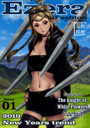 Rule 34 | 1girl, black thighhighs, braid, braided bangs, breasts, brown hair, choker, cleavage, commentary, cover, english commentary, epic seven, eyeshadow, eyewear on head, fashion, floating, floating object, floating sword, floating weapon, green eyes, hands in pockets, highres, hood, hoodie, iseria (epic seven), jewelry, lips, magazine cover, makeup, medium breasts, midriff, navel, nose, open clothes, open hoodie, parted bangs, pointy ears, ring, ryu shou, solo, strapless, sunglasses, sword, thighhighs, toned, tube top, twin braids, weapon