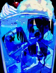 Rule 34 | 1girl, black background, black hair, blue theme, cherry, closed mouth, cup, drinking glass, food, fruit, hair between eyes, headgear, highres, ice, ice cream, ice cream float, ice cube, looking at viewer, original, refraction, solo, urokogaran