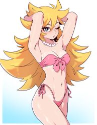 Rule 34 | 1girl, absurdres, arms behind head, arms up, bikini, blonde hair, blue background, blue eyes, blush, breasts, cleavage, collarbone, dashi (dashiart), gradient background, highleg, highleg bikini, highres, jewelry, long hair, looking at viewer, medium breasts, multicolored hair, navel, necklace, one eye closed, open mouth, panty &amp; stocking with garterbelt, panty (psg), pearl necklace, pink bikini, side-tie bikini bottom, solo, standing, swimsuit, teeth, two-tone hair, white background