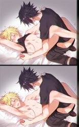 Rule 34 | 2boys, anal, arms up, bed sheet, black hair, blonde hair, blue eyes, blush, boots, closed eyes, final fantasy, final fantasy xv, lying, male focus, male penetrated, multiple boys, nipple stimulation, nipples, noctis lucis caelum, pillow, prompto argentum, s musou1, sex, sex toy, shirt, spiked hair, sweat, t-shirt, vibrator, vibrator on nipple, yaoi