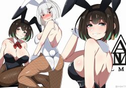 Rule 34 | 2girls, absurdres, allmind (armored core 6), armored core, armored core 6, ayre (armored core 6), black hair, blush, bunny girl, detached collar, green eyes, highres, leotard, multiple girls, pantyhose, personification, rabbit ears, rabbit tail, red eyes, short hair, white hair, wrist cuffs