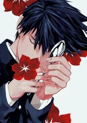Rule 34 | 1boy, absurdres, black hair, closed eyes, covered mouth, facing viewer, flower, gakuran, hands up, highres, holding, holding spoon, kageyama ritsu, long sleeves, lying, male focus, mob psycho 100, neige404, on side, one eye covered, portrait, red flower, school uniform, short hair, simple background, solo, spoon, white background