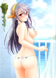 Rule 34 | 10s, 1girl, ass, black hair, blush, breasts, brown eyes, brown hair, cloud, from behind, grabbing, grabbing another&#039;s breast, hairband, haruna (kancolle), headgear, kantai collection, long hair, looking at viewer, looking back, nipples, no bra, open mouth, panties, puffy nipples, pussy juice, red eyes, ryu-akt, sky, solo, solo focus, striped clothes, striped panties, thighs, tongue, underwear