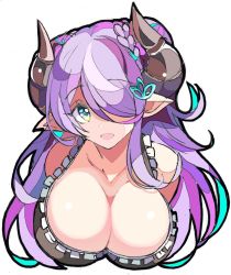 Rule 34 | 1girl, bare shoulders, bikini, breast focus, breasts, cleavage, draph, enpe, granblue fantasy, green eyes, hair between eyes, hair ornament, hair over one eye, hairclip, horns, lace, lace-trimmed bikini, lace trim, large breasts, long hair, looking at viewer, narmaya (granblue fantasy), open mouth, pointy ears, purple hair, swimsuit