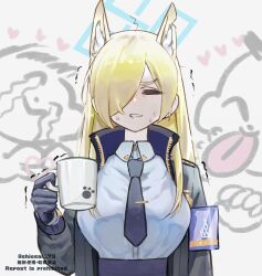 Rule 34 | 1girl, animal ears, doodle sensei (blue archive), black gloves, black jacket, black necktie, blue archive, blue halo, blue shirt, breasts, closed eyes, collared shirt, commentary request, cup, facing viewer, gloves, hair over one eye, halo, holding, holding cup, jacket, kanna (blue archive), large breasts, long sleeves, necktie, one eye covered, open clothes, open jacket, paw print, sensei (blue archive), sharp teeth, shiosai 73, shirt, solo, straight-on, sweatdrop, teeth, tie clip, trembling