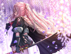 Rule 34 | 1girl, ame sagari, black cape, black gloves, black shirt, black skirt, blurry, blurry background, blush, brown cape, brown eyes, brown ribbon, cape, commentary request, depth of field, falling petals, floating, flower, from side, gloves, hair ribbon, holding, holding weapon, katana, long hair, neckerchief, original, outdoors, petals, pink hair, pleated skirt, ponytail, red neckerchief, ribbon, sailor collar, sheath, sheathed, shirt, skirt, sleeves rolled up, solo, sword, torn cape, torn clothes, two-tone cape, weapon, wisteria