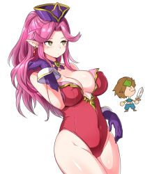 Rule 34 | 1boy, 1girl, angela (seiken densetsu 3), blush, breasts, brown eyes, cleavage, collarbone, commentary request, duran (seiken densetsu 3), earrings, from side, gem, gloves, green gemstone, half updo, hand in own hair, hat, holding, holding sword, holding weapon, jewelry, large breasts, legs together, navel, parted bangs, ponytail, purple gloves, purple headwear, red gemstone, seiken densetsu, seiken densetsu 3, simple background, solo focus, standing, swept bangs, sword, thighs, wavy hair, weapon, white background, zaxwu