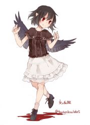 Rule 34 | 1girl, alternate costume, black hair, black wings, boots, character name, contemporary, cross-laced footwear, full body, highres, lace-up boots, looking away, pointy ears, red eyes, shameimaru aya, shirt, short hair, short sleeves, simple background, skirt, smile, socks, solo, striped clothes, striped socks, text focus, touhou, toutenkou, twitter username, white background, wings