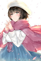 Rule 34 | 1girl, absurdres, black hair, blue skirt, blush, breasts, cherry blossoms, cowboy shot, female focus, green eyes, hat, high-waist skirt, highres, large breasts, long sleeves, oversized clothes, own hands clasped, own hands together, petals, pink scarf, scarf, shiina mayuri, short hair, skirt, solo, steins;gate, steins;gate 0, sweater, white hat, white sweater, yukineko1018