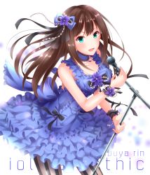 Rule 34 | 10s, 1girl, aireenhp, bow, brown hair, character name, choker, collarbone, flower, frills, green eyes, hair bow, hair ornament, idolmaster, idolmaster cinderella girls, long hair, microphone, open mouth, pantyhose, shibuya rin, sleeveless, solo, striped clothes, striped pantyhose, too many, vertical-striped clothes, vertical-striped pantyhose, white background, wrist cuffs