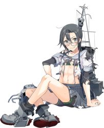 Rule 34 | 1girl, airisubaka, bare shoulders, black hair, black skirt, black socks, blush, character request, collarbone, commentary request, full body, glasses, grey eyes, hair between eyes, kantai collection, navel, pleated skirt, school uniform, serafuku, shirt, short shorts, shorts, sitting, skirt, smile, socks, solo, tagme, torn clothes, transparent background, white shirt