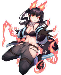 Rule 34 | 1girl, baggy pants, bare shoulders, bikini, black bikini, black coat, black footwear, black gloves, black hair, boots, breasts, cleavage, closed mouth, coat, commentary, crossed bangs, en&#039;en no shouboutai, english commentary, fiery ears, fiery tail, fire, foreshortening, full body, gloves, grey pants, groin, hair between eyes, highres, hip vent, jehwa, long hair, looking at viewer, medium breasts, metal gloves, midriff, navel, off-shoulder coat, off shoulder, open clothes, open coat, outstretched arms, pants, sidelocks, simple background, solo, swimsuit, tail, tamaki kotatsu, twintails, visor (armor), white background, yellow eyes