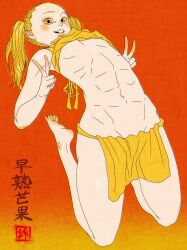 Rule 34 | 1girl, abs, absurdres, barefoot, blonde hair, chinese clothes, double v, dudou, fine art parody, fundoshi, gradient background, highres, inkan, japanese clothes, japanese text, leaning back, looking at viewer, muscular, muscular female, navel, nihonga, open mouth, orange background, original, parody, sei5osuzuki, thighs, twintails, v, yellow background, yellow eyes