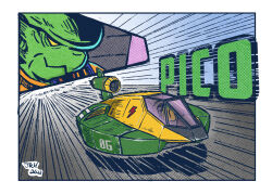 Rule 34 | 1boy, action, aircraft, alien, artist name, border, character name, close-up, closed mouth, colored skin, f-zero, flying car, green skin, highres, hover vehicle, jrcomicart, lightning bolt symbol, male focus, nintendo, pico (f-zero), race vehicle, science fiction, solo, speed lines, vehicle focus, white border, wild goose, yellow eyes