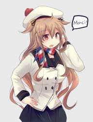 Rule 34 | 1girl, beret, blonde hair, blue skirt, breasts, buttons, checkerboard cookie, commandant teste (kancolle), commandant teste (kancolle) (cosplay), commentary request, cookie, cosplay, double-breasted, food, french text, hair between eyes, hair flaps, hair ribbon, hand in own hair, hand on own hip, hat, heterochromia, highres, hirune (konekonelkk), jacket, kantai collection, large breasts, long sleeves, looking at viewer, murasame (kancolle), open mouth, orange eyes, red eyes, ribbon, scarf, simple background, skirt, solo, tanibe yumi, voice actor connection, white background, white jacket