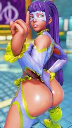 Rule 34 | 1girl, absurdres, ass, breasts, cleavage, cleavage cutout, clothing cutout, cosplay, curvy, dark-skinned female, dark skin, egyptian, female focus, hand on own hip, highleg, highleg leotard, highres, huge ass, leotard, long hair, looking at viewer, menat, ponytail, purple hair, rainbow mika (cosplay), revealing clothes, ryona, screencap, shiny skin, smile, solo, street fighter, thong leotard, very long hair
