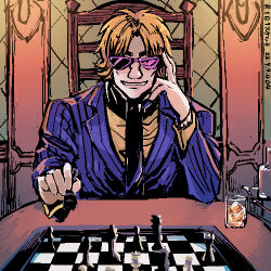 Rule 34 | 1boy, artist name, black necktie, blonde hair, board game, chair, chess, chess piece, cup, dated, formal, glasses, grin, hand on own cheek, hand on own face, holding chess piece, hyoudou kazuya, ice, ice cube, jacket, kaiji, king (chess), long sleeves, looking at viewer, lowres, male focus, necktie, opaque glasses, parted bangs, partially opaque glasses, pawn (chess), pink-tinted eyewear, purple jacket, rook (chess), shirt, short hair, sitting, smile, solo, striped clothes, striped jacket, suit, sunglasses, tinted eyewear, translation request, unknown03162, upper body, vertical-striped clothes, vertical-striped jacket, yellow shirt