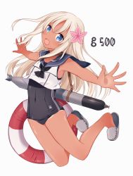 Rule 34 | 10s, 1girl, blonde hair, blue eyes, crop top, flower, hair flower, hair ornament, kantai collection, lifebuoy, minamiya mia, one-piece tan, outstretched arms, ro-500 (kancolle), sailor collar, school swimsuit, solo, spread arms, swim ring, swimsuit, swimsuit under clothes, tan, tanline, torpedo