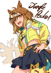 Rule 34 | 1girl, absurdres, ahoge, animal ears, black skirt, breasts, character name, commentary request, cowboy shot, crop top, cropped jacket, earrings, hair between eyes, hair ornament, hands on own hips, highres, horse ears, horse girl, horse tail, jacket, jewelry, jungle pocket (umamusume), lexis yayoi, long sleeves, looking at viewer, medium hair, midriff, navel, open mouth, simple background, single earring, skirt, small breasts, smile, solo, tail, umamusume, white background, x hair ornament, yellow eyes, yellow jacket