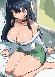Rule 34 | 1girl, absurdres, arm support, barefoot, black hair, blush, breasts, choker, cleavage, collarbone, earrings, green skirt, heart, highres, jewelry, large breasts, lip piercing, long hair, long sleeves, looking at viewer, off shoulder, original, piercing, shirt, sitting, skirt, smile, sparkle, speech bubble, spoken heart, thick thighs, thighs, tony welt, white shirt, wide hips, window, yellow eyes