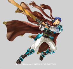 Rule 34 | 1boy, armor, blue eyes, cape, fingerless gloves, fire emblem, fire emblem: radiant dawn, fire emblem heroes, full body, gloves, headband, holding, holding sword, holding weapon, ike (fire emblem), kita senri, looking at viewer, male focus, nintendo, official art, pants, simple background, solo, standing, sword, weapon, white pants