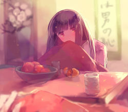 Rule 34 | 1girl, cup, food, fruit, glass, indoors, kotatsu, long hair, mandarin orange, mocco, original, sitting, solo, table, yunomi