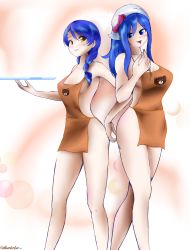 Rule 34 | 2girls, apron, baking, blue eyes, blue hair, braided pigtails, breasts, chocolate, cleavage, eating, fairy tail, flatpancakesjim, highres, juvia lockser, licking finger, long hair, looking at another, multiple girls, naked apron, revealing clothes, shokugeki no souma, simple background, tadokoro megumi
