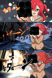 Rule 34 | &gt; &lt;, 1girl, 3koma, :d, absurdres, blush stickers, bocchi the rock!, bow, bowtie, cardigan vest, city, comic, commando (movie), explosion, failure, goumonsha, highres, holding, holding weapon, kita ikuyo, lamppost, looking back, m202 flash, multishot rocket launcher, night, one side up, open mouth, outdoors, pleated skirt, red bow, red bowtie, red hair, road, road sign, rocket launcher, sailor collar, scene reference, school uniform, shuka high school uniform, sign, skirt, smile, smoke, solo, sound effects, sparkle, street, trail, upper body, weapon