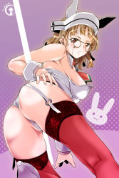 Rule 34 | 10s, 1girl, animal ears, ass, blush, breasts, brown eyes, brown hair, detached collar, eyewear strap, fake animal ears, female focus, from behind, garter straps, glasses, highres, kantai collection, large breasts, leotard, looking back, pince-nez, playboy bunny, rabbit ears, red thighhighs, roma (kancolle), short hair, solo, thighhighs, tsukineko, wrist cuffs