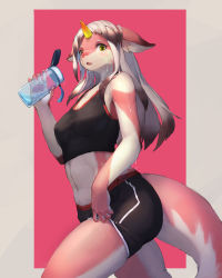Rule 34 | 1girl, black hair, blush, border, colored skin, dragon tail, female focus, from side, furry, furry female, green eyes, highres, holding, horns, lcshian, long hair, looking at viewer, multicolored hair, open mouth, original, pink background, pink skin, single horn, solo, sports bra, sportswear, sweat, tail, thermos, white border, white hair, white skin