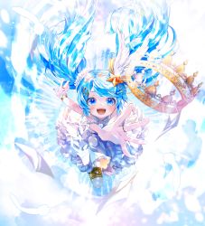 Rule 34 | 1girl, absurdres, blue eyes, blue hair, crown, feathers, hatsune miku, head wings, highres, jewelry, reaching, reaching towards viewer, ring, shirayuki towa, solo, twintails, vocaloid, wings