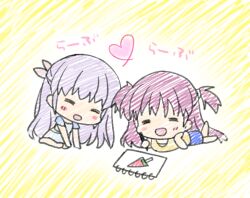Rule 34 | 2girls, :d, = =, asahina yori, blush, casual, chibi, child&#039;s drawing, commentary request, drawing, dress, food, hair between eyes, happy, heart, highres, holding, holding pen, katou umi, light purple hair, long hair, lying, multiple girls, naruse shiroha, on stomach, open mouth, pastel colors, pen, popsicle, purple hair, shirt, short sleeves, simple background, sitting, smile, summer pockets, two side up, very long hair, watermelon bar, white dress, yellow background, yellow shirt