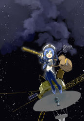 Rule 34 | 1girl, bag, blue hair, blush, blush stickers, camera, green eyes, hat, inui (jt1116), looking at viewer, necktie, open mouth, original, outdoors, personification, sitting, smile, solo, space, spacecraft, telescope, voyager