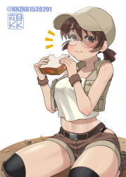 Rule 34 | 1girl, :t, artist logo, baseball cap, belt, blush, breasts, brown belt, brown eyes, brown hair, brown hat, brown shorts, brown vest, closed mouth, commentary request, cropped shirt, eating, fio germi, food, food bite, food on face, glasses, hair between eyes, hat, highres, hip vent, holding, holding food, kkzk61539201, knee pads, looking at viewer, medium breasts, metal slug, midriff, navel, notice lines, on floor, open clothes, open vest, panties, panty peek, round eyewear, sandwich, seiza, shirt, short ponytail, short shorts, shorts, sitting, solo, twitter username, underwear, vest, white background, white shirt, wristband