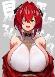 Rule 34 | 1girl, alternate breast size, ange katrina, ange katrina (2nd costume), bare shoulders, blue eyes, bow, breasts, collarbone, commentary request, grey background, hair bow, hair intakes, highres, huge breasts, jewelry, long hair, looking at viewer, necklace, nijisanji, nuezou, red hair, simple background, smile, smug, solo, translation request, virtual youtuber