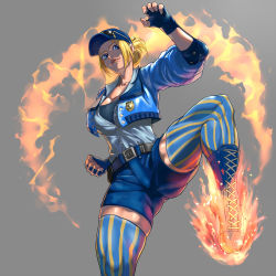 Rule 34 | ass, belt, blonde hair, blue eyes, capcom, elbow pads, final fight, final fight 3, fingerless gloves, fire, gloves, hat, kicking, lucia morgan, muscular, muscular female, ootore, police, police hat, police uniform, policewoman, shorts, smile, spread legs, street fighter, street fighter v, striped legwear, sunglasses, sunglasses on head, thick thighs, thighhighs, thighs, uniform