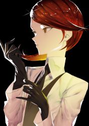Rule 34 | 1other, adjusting clothes, adjusting gloves, androgynous, bad id, bad pixiv id, gem uniform (houseki no kuni), gloves, highres, houseki no kuni, lab coat, looking away, necktie, red hair, rutile (houseki no kuni), ryein, short hair, solo, upper body, yellow eyes