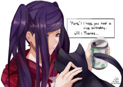 Rule 34 | 1girl, animal, beer can, bl/ess, black cat, can, casual, cat, commentary, drink can, english commentary, english text, fore, hair over one eye, hood, hood down, hoodie, jill stingray, lonely, long hair, petting, pink eyes, purple hair, solo focus, twintails, va-11 hall-a
