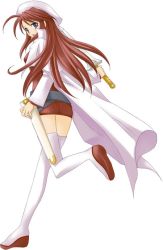 Rule 34 | 1girl, aty, aty (summon night), beret, boots, cloak, full body, hat, legs, long hair, looking back, miniskirt, red hair, scabbard, sheath, simple background, skirt, solo, summon night, summon night 3, sword, thigh boots, thighhighs, weapon, white background, zettai ryouiki