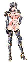 Rule 34 | 1girl, armor, artist request, black hair, breasts, character request, clitoris piercing, female focus, full body, functionally nude, harness, knight, large breasts, nipple piercing, nipples, piercing, pussy, pussy piercing, revealing clothes, solo, tachi-e, tattoo, transparent background, uncensored, yellow eyes