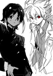 2boys closed_mouth expressionless goguma_wagamja greyscale hand_on_own_hip highres ibuki_munemasa inazuma_eleven_(series) inazuma_eleven_go jacket male_focus monochrome multiple_boys red_eyes school_uniform short_hair shuu_(inazuma_eleven) simple_background sketch spot_color upper_body very_short_hair white_background