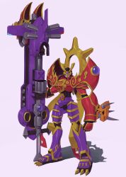 Rule 34 | armor, digimon, digimon (creature), gun, highres, horns, looking at viewer, shadow, solo, susanoomon, weapon