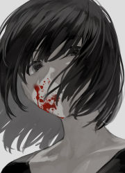 Rule 34 | 1girl, black eyes, black hair, blood, blood on face, closed mouth, collarbone, grey background, ikuchan kaoru, original, portrait, shaded face, short hair, simple background, solo, upper body