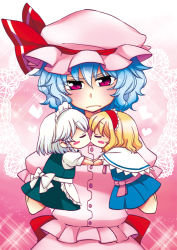 Rule 34 | 1girl, alice margatroid, apron, bad id, bad pixiv id, blonde hair, blue hair, blush stickers, bow, capelet, character doll, dress, closed eyes, female focus, frown, holding hands, hand puppet, hat, hat bow, headdress, heart, izayoi sakuya, kiss, lace, maid, maid apron, megumiya, profile, puppet, red eyes, remilia scarlet, short hair, short sleeves, solo, sparkle, touhou, upper body, white hair, yuri