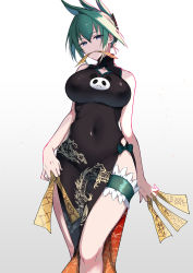 Rule 34 | 1girl, bare shoulders, black dress, blue eyes, breasts, bridal garter, china dress, chinese clothes, commentary request, covered navel, cowboy shot, dress, gradient background, green hair, highres, holding, in mouth, large breasts, looking at viewer, ofuda, pochi (pochi-goya), shaman king, short hair, simple background, smile, solo, standing, talisman, tao jun, thighs