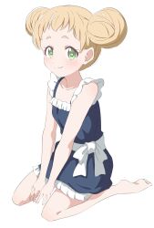 Rule 34 | 1girl, absurdres, bare arms, bare shoulders, blonde hair, blush, closed mouth, collarbone, crust gm0, dot nose, double bun, dress, female focus, green eyes, hair bun, highres, inose mai, koisuru asteroid, looking at viewer, simple background, smile, solo, white background